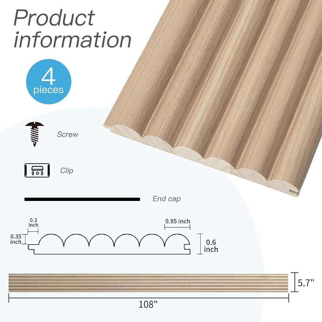 Art3d Fluted Wood Panel - 108 x 5.7 x 0.7in for Wall & Ceiling, Beaded Accent Molding for Home Decoration, Pack of 4pcs + 1pc End-Trim, Beaded Ashtree