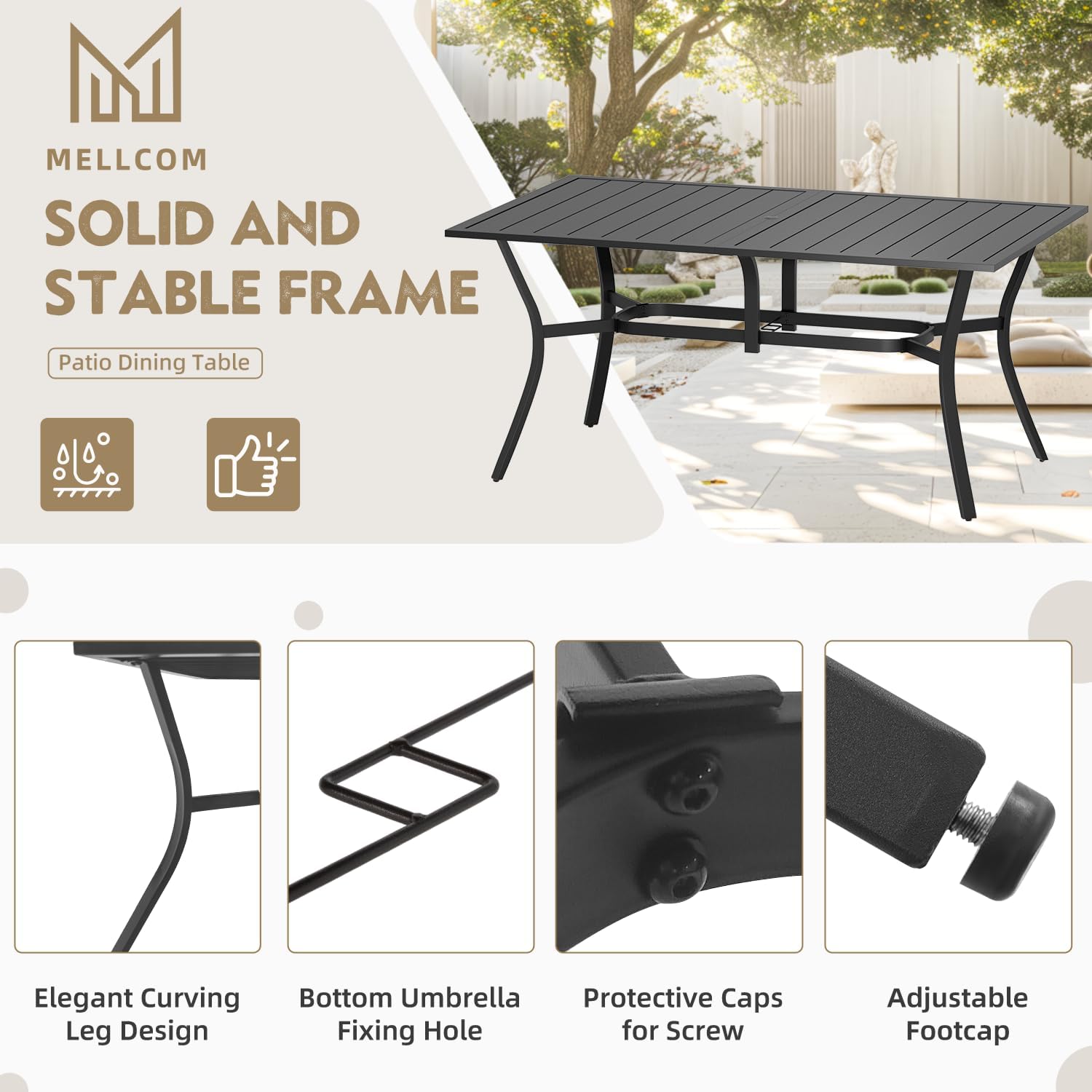 MELLCOM 7-Piece Outdoor Dining Set, 6 Swivel Rocker Chairs with High Back Textilene & Rectangular Metal Dining Table with Umbrella Hole, Patio Furniture Set for Porch, Deck, Brown