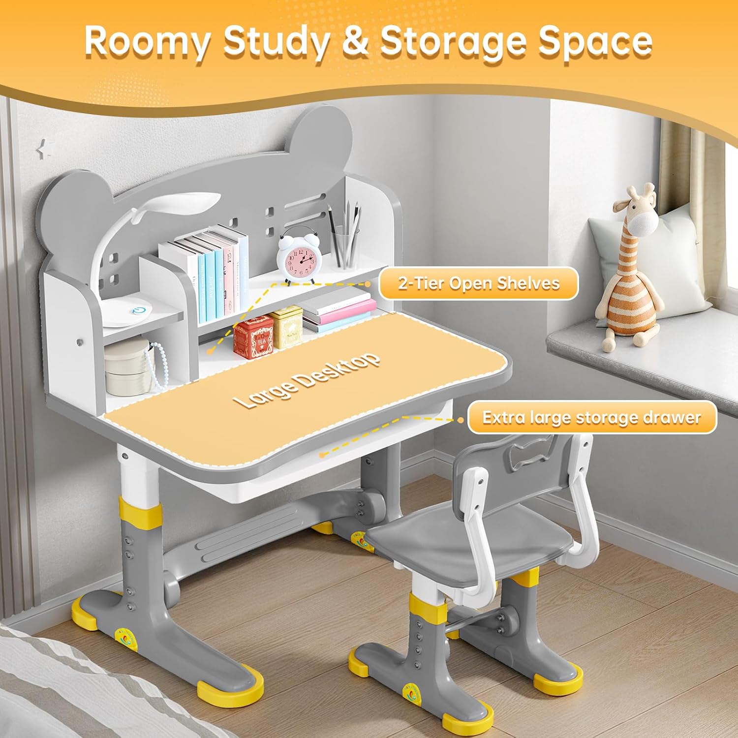 Kids Desk and Chair Set, Height Adjustable Child's School Study Writing Tables, Kids Desk with Bookstand and Storage Drawer, Widened Desktop with Desktop for Boys and Girls (Gray-F)