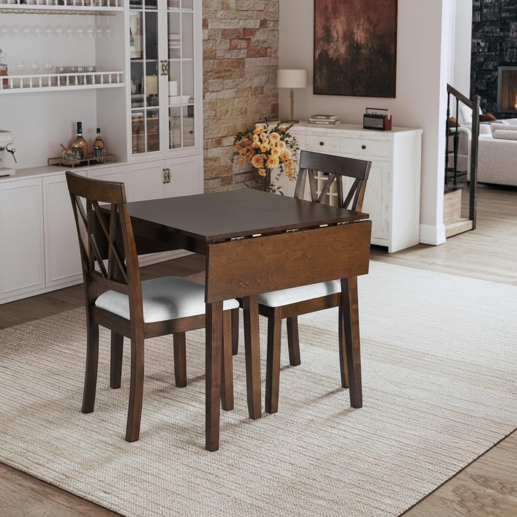 LUMISOL 3 Piece Drop Leaf Dining Table Set with 2 Chairs, Solid Wood Extensible Counter Height Bar Table Set for Small Places, Brown