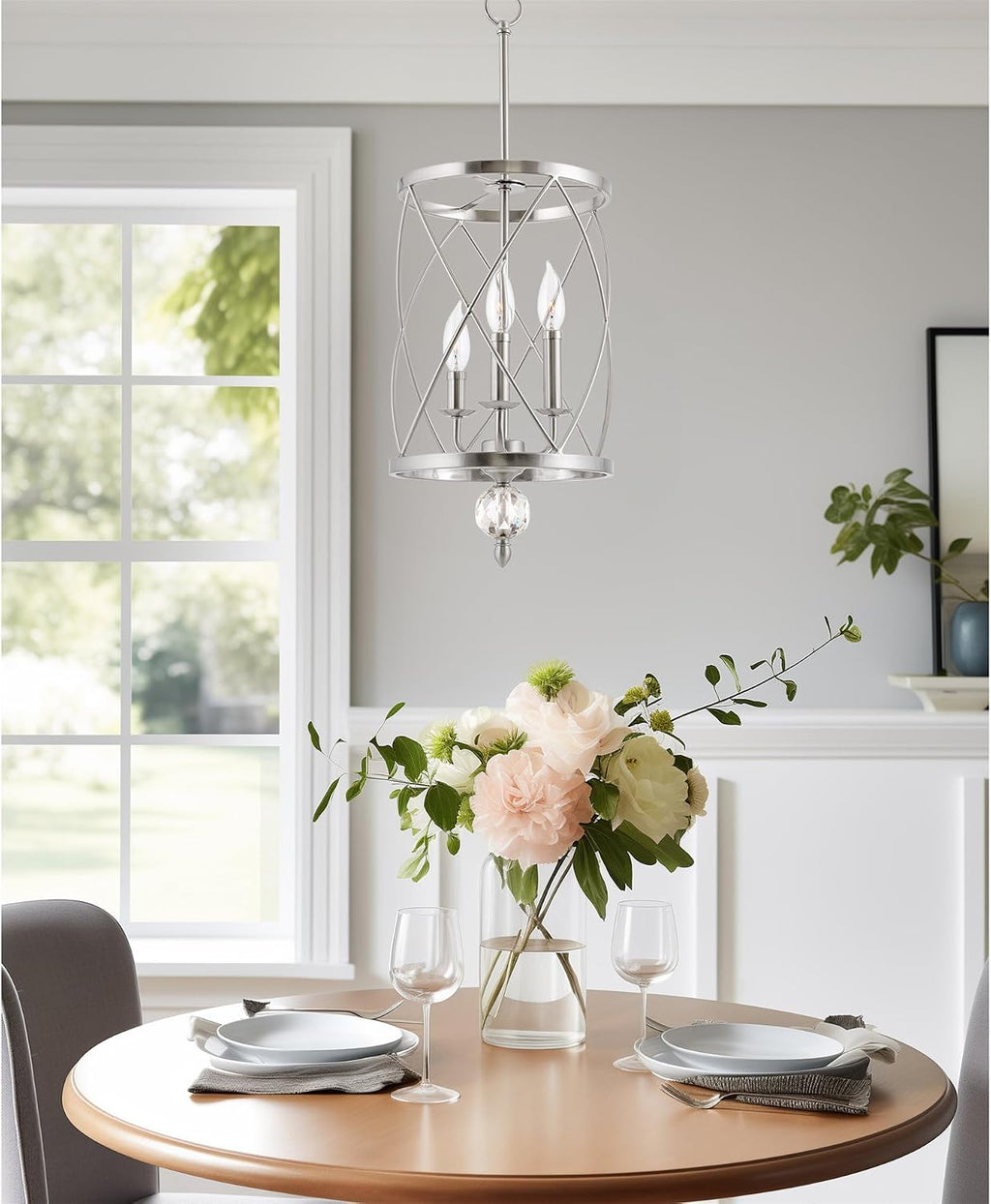 Kira Home Eleanor 27' Modern 3-Light Geometric Lantern Chandelier, Cylinder Trellis Cage Pendant Light with Crystal Finial, Brushed Nickel Finish