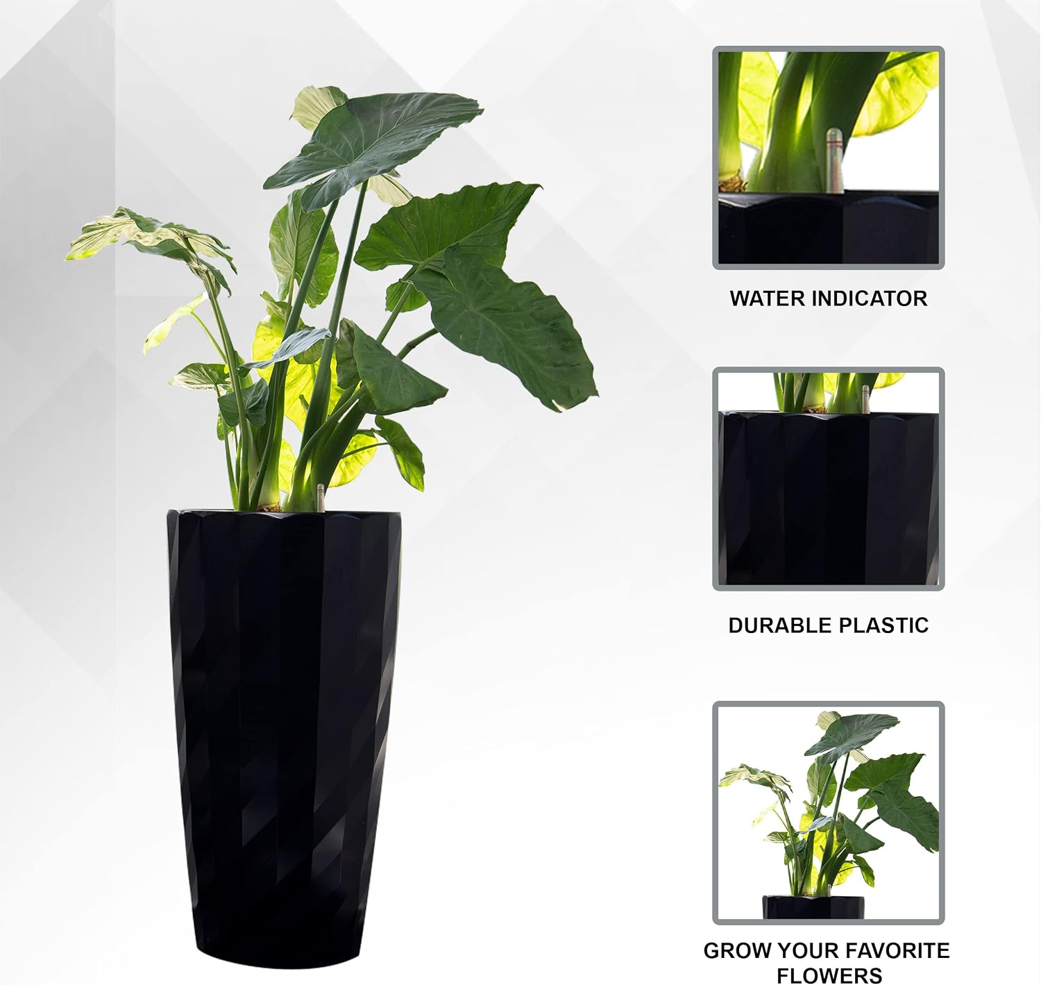 XBrand 30' H Black Plastic Self Watering Indoor Outdoor Diamond Look Round Planter Pot, Tall Decorative Gardening Pot, Home Décor Accent