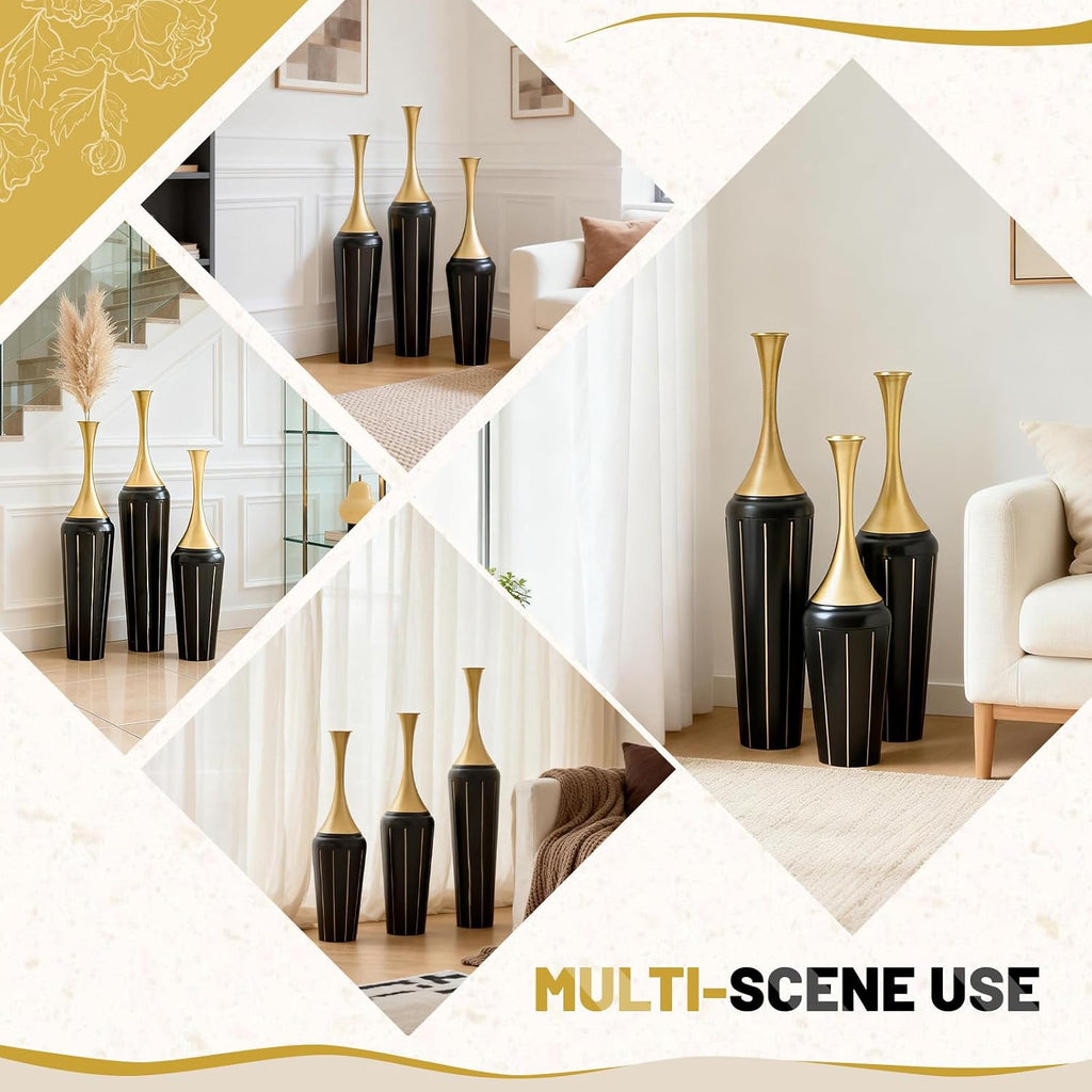 Set of 3 Modern Black and Gold Floor Vases, Handcrafted Tall Metal Decorative Vases, Luxury Floor Vases for Entryway, Living Room, Glam Home Decor, Dried Flowers & Pampas Grass