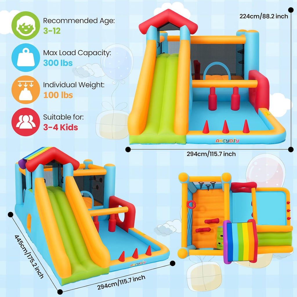 AKEYDIY Bounce House, Inflatable Bounce House for Kids 3-12, Obstacle Bouncy House with Slide, Trampoline, Ball Pit, Basketball Hoop, Target, Climbing, Tunnel, Indoor Outdoor, 450W Blower