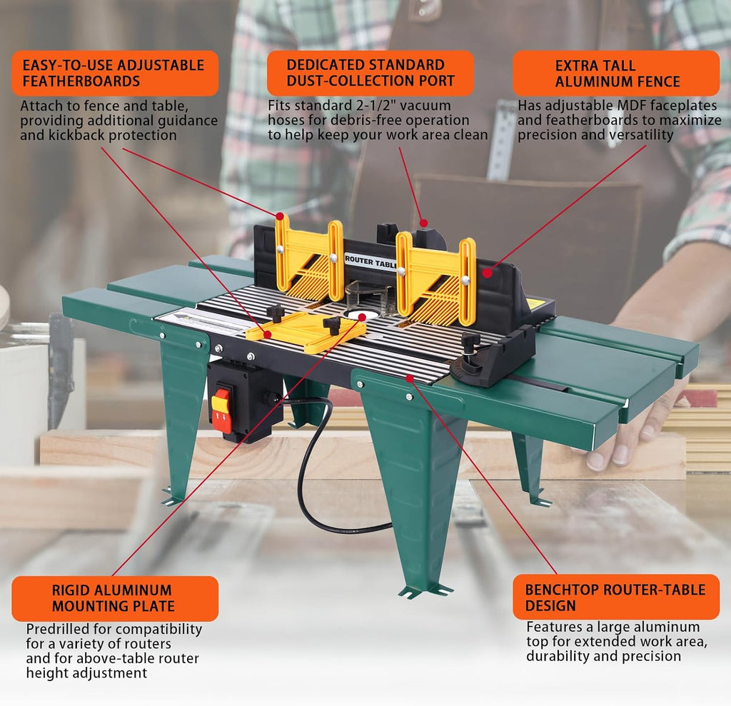 Electric Benchtop Router Table 34 in. x 13.5 in, Universal Benchtop Router Tables Top with Steel Stand, Adjustable Fence, Safety Guard & Miter Gauge for Woodworking, Craftsman Tool (Green)
