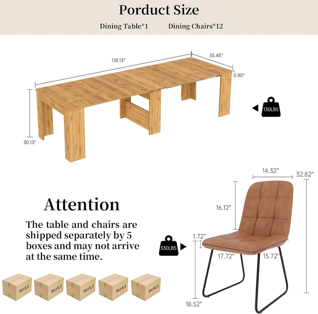 HIPIHOM 17.7'-118' Extendable Dining Table Set for 12, Extension Long Table Set with Extension Leaves Holder, Space-Saving for Meeting, Dining Room(Oak Table+10 U-Shaped Brown Chairs)