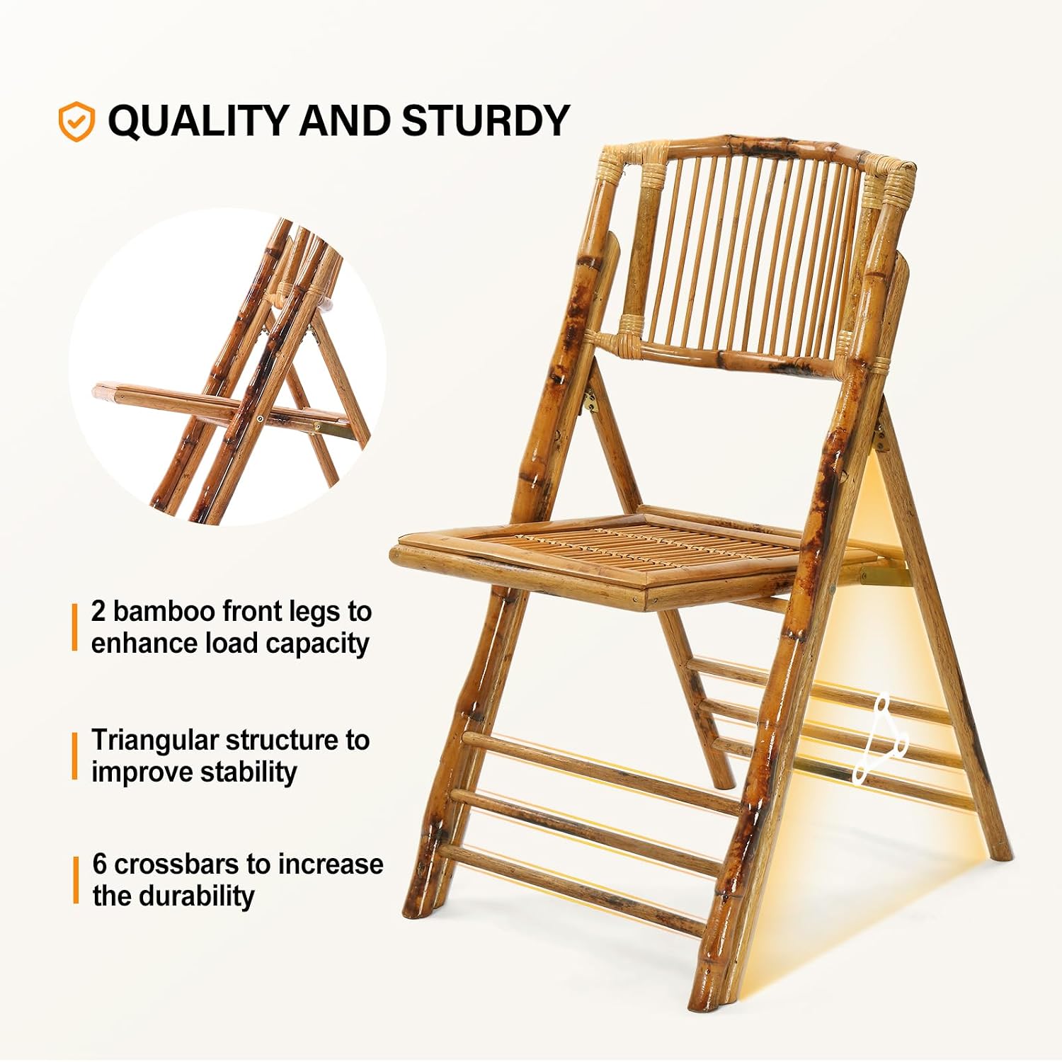 VINGLI Bamboo Folding Chair, Foldable Dining Wood Chairs Comfortable Seat for Outdoor & Indoor, Patio, Porch, Wedding, Party, Event,Brown (2 Pack)