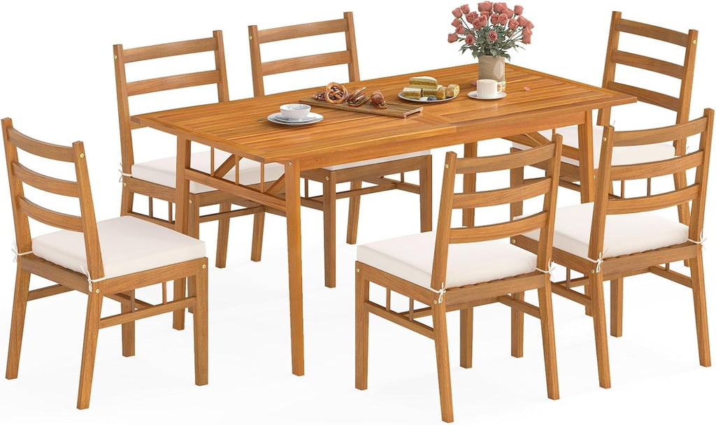 Tangkula 7 Pieces Patio Acacia Wood Dining Set, Outdoor Heavy Duty Rectangular Table with 1.97' Umbrella Hole and 6 Cushioned Chairs, for Deck, Garden and Backyard