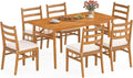 Tangkula 7 Pieces Patio Acacia Wood Dining Set, Outdoor Heavy Duty Rectangular Table with 1.97' Umbrella Hole and 6 Cushioned Chairs, for Deck, Garden and Backyard