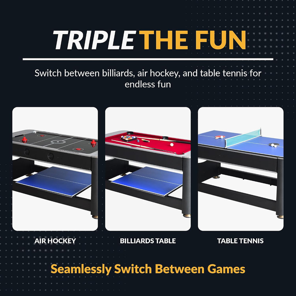 Hathaway Triple Threat Multi Game Table – Space-Saving Rotating Playfield for 6ft Pool Table, Air Hockey Table, & Table Tennis - 3 in 1 Game Table with Complete Accessories & Display Rack