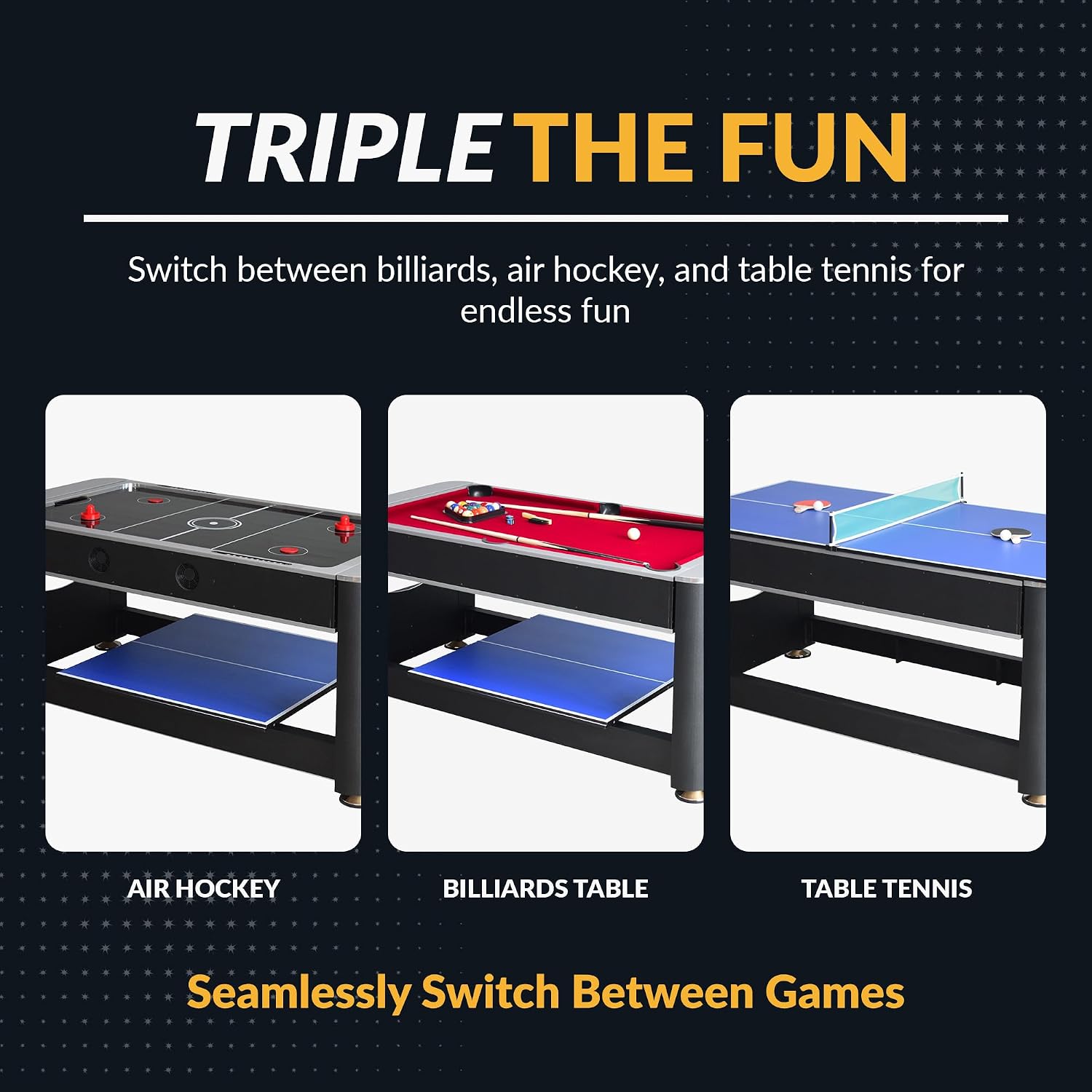 Hathaway Triple Threat Multi Game Table – Space-Saving Rotating Playfield for 6ft Pool Table, Air Hockey Table, & Table Tennis - 3 in 1 Game Table with Complete Accessories & Display Rack