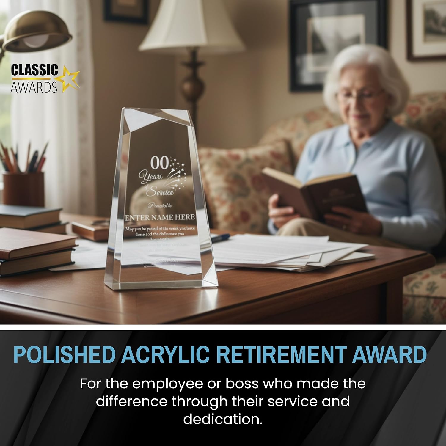Personalized Acrylic Retirement Gifts For Men and Women, Laser Engraved Custom Trophy for Service Recognition, Years Of Service Retirement Trophy Award for Boss, Employee, Teacher (Clear Facet Wedge)