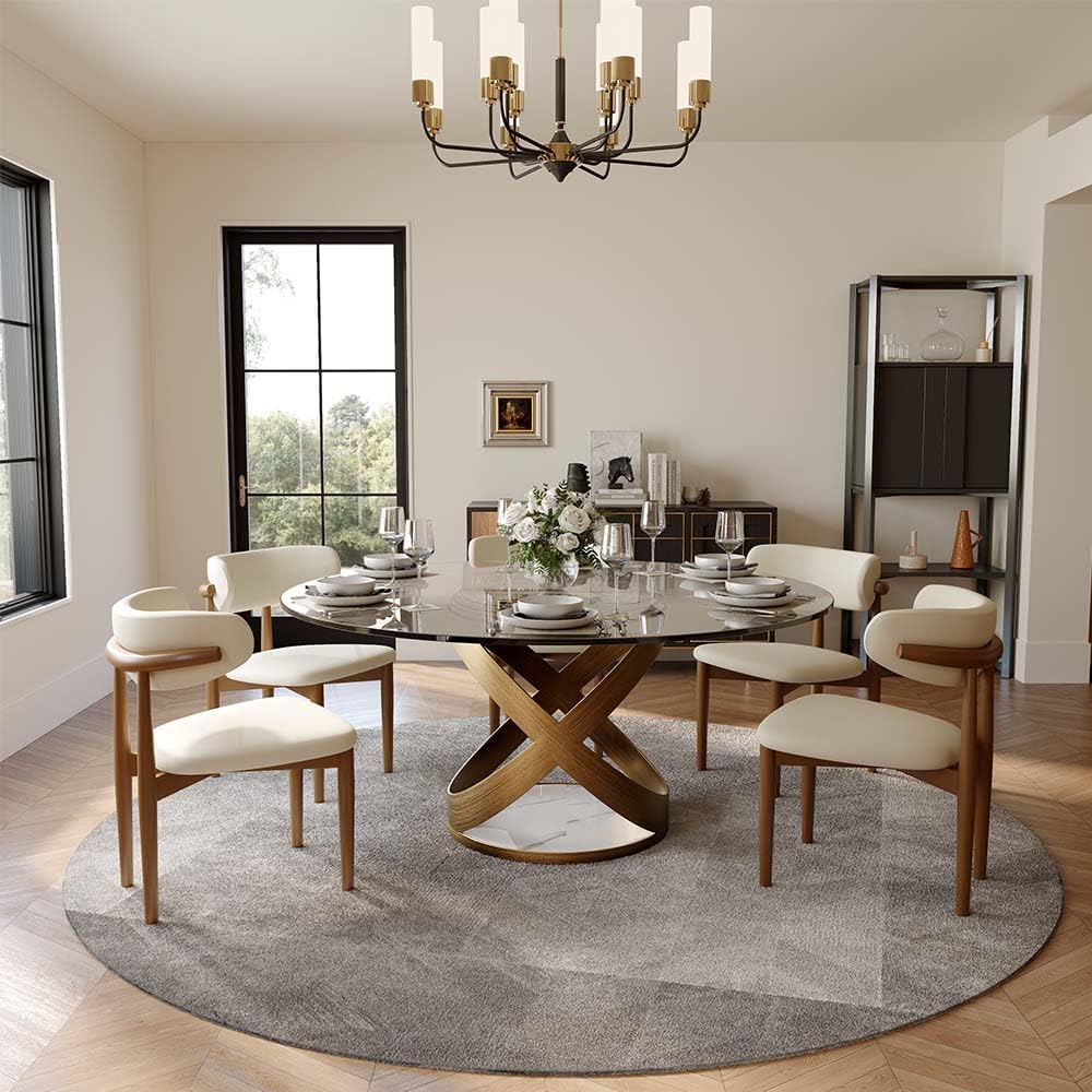 POVISON 59' Modern Round Dining Table, Glass Round Kitchen Table for 6, Glass Dining Room Table Top with Bronze X Carbon Steel Base for Dining Room (Dining Table Only)