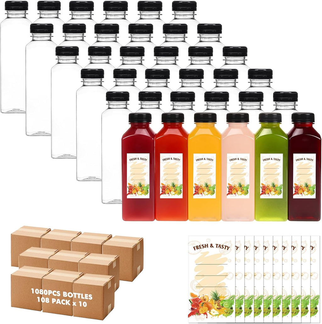 BAKHUK 1080pcs 16oz Empty Plastic Juice Bottles with Caps, Plastic Water Bottles with lids, Reusable Clear Bulk Beverage Containers for Juice, Milk and Other Beverages