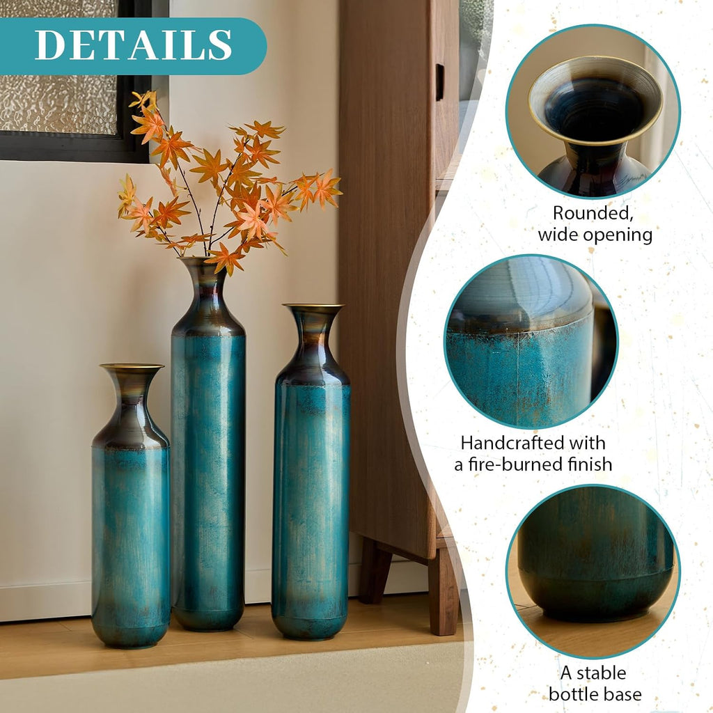 Floor Metal Decorated Vases Set of 3 for Gorgeous Home Decoration Large Glazed Metal Vases (Aqua Blue)