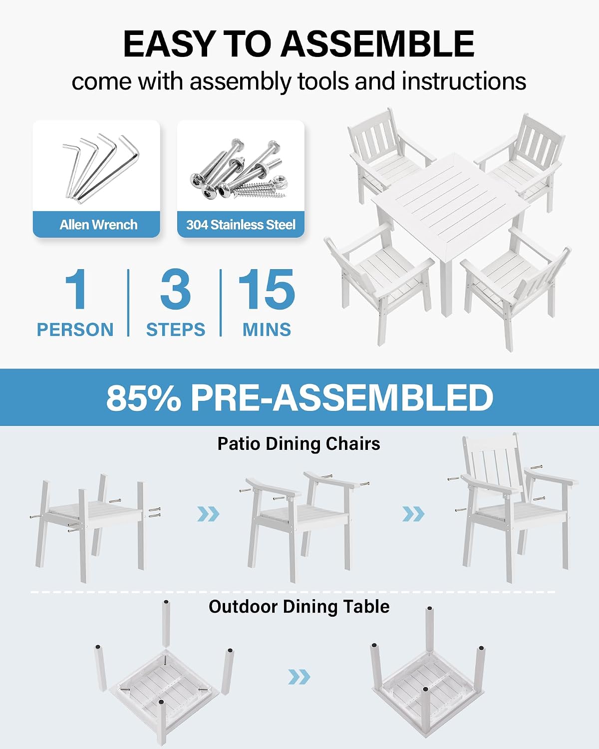 YEFU HIPS Patio Table Set: 5 Piece Outdoor Square Table and Chairs with Metal Aluminum Frame - White Modern Plastic Patio Dining Furniture Set 4 Person for Outside Deck