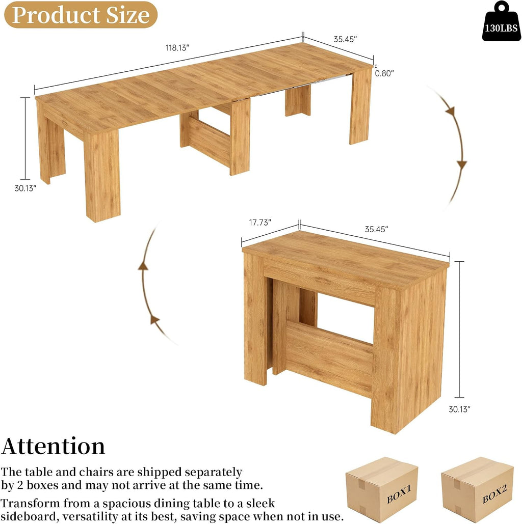 HIPIHOM 17.7'-118' Extendable Dining Table for 2-12 People, Extension Table with Extension Leaves Holder, Space-Saving Extra Long Folding Dining Table for Meeting, Dining Room(Oak Table Only)