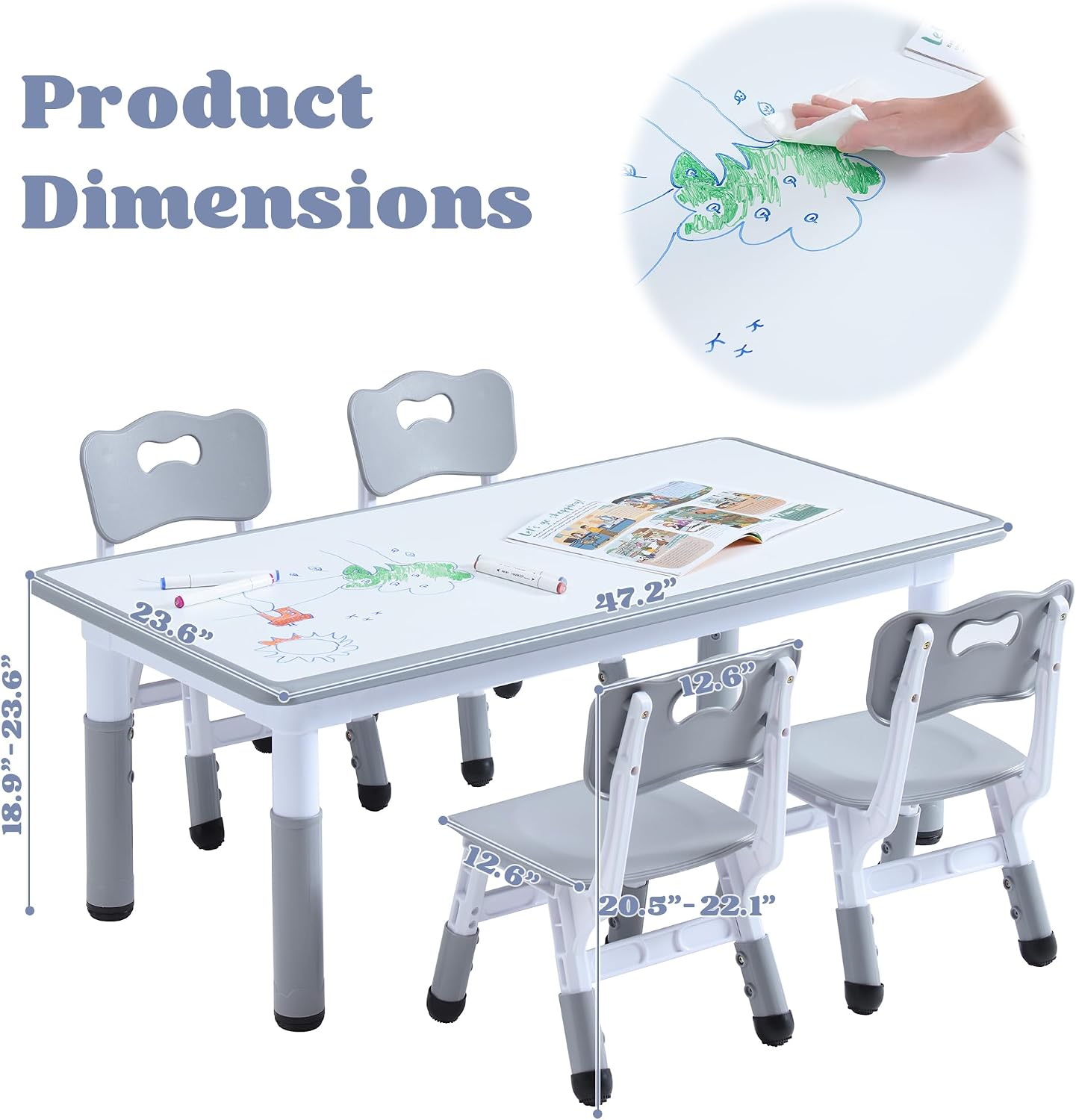 Kids Table and 4 Chairs Set, Height Adjustable Toddler Table and Chair Set, Toddler Desk with Graffiti Desktop & Non-Slip Legs, Children Activity Table for Daycare, Classroom (Grey)