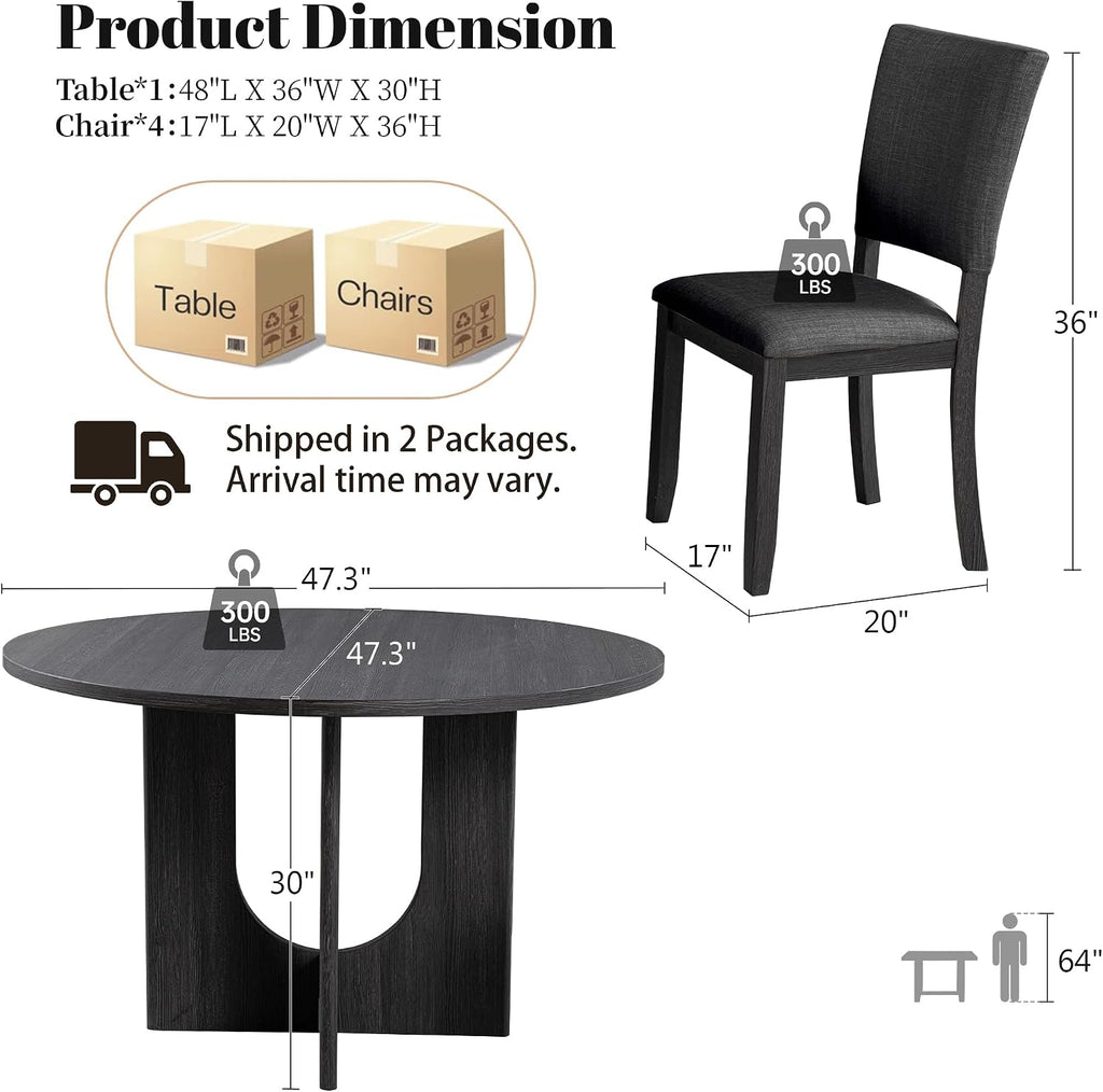 leovanni Round Dining Table Set for 4, Kitchen Table with 4 Upholstered Chairs, 5-Piece Wood Dining Table and Chairs Set for Kitchen, Dining Room, Living Room, Dark Gray