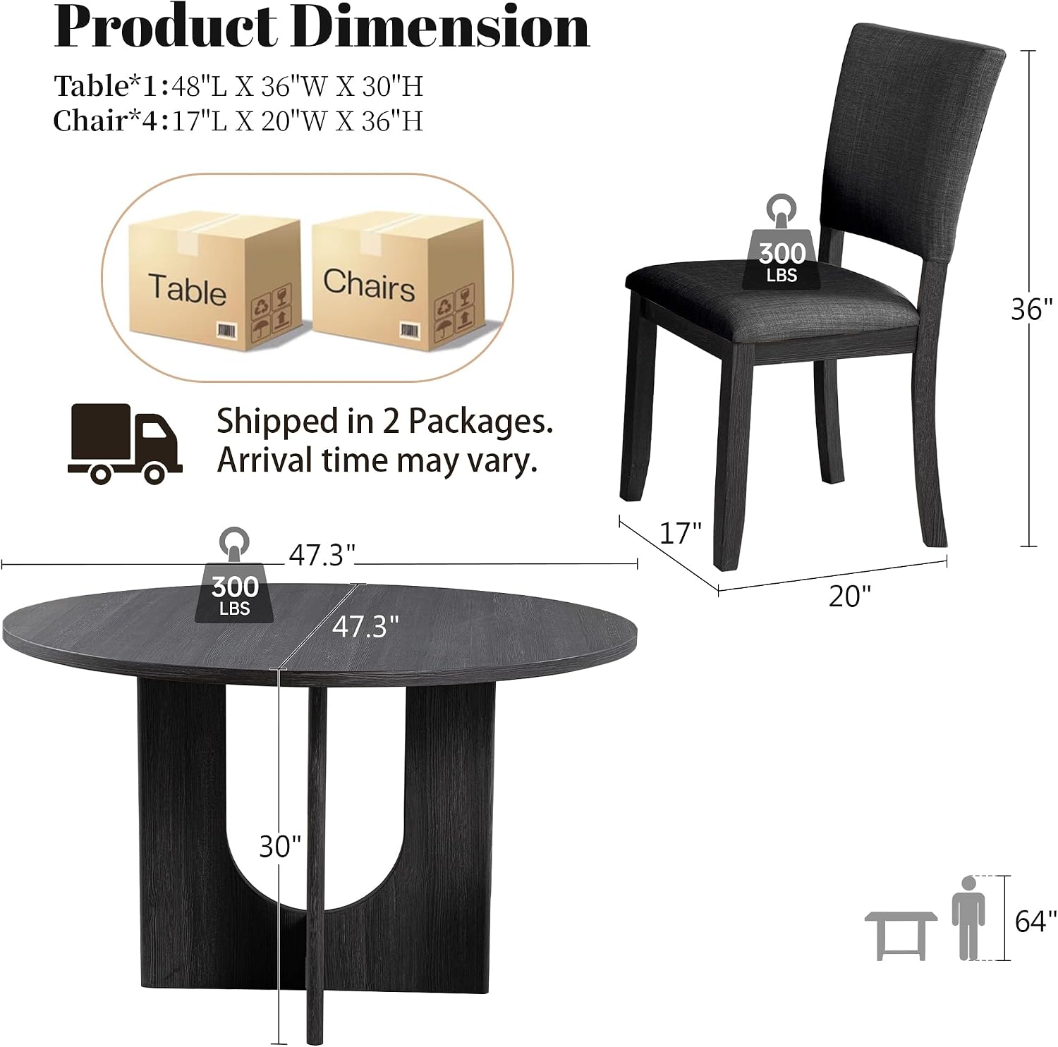 leovanni Round Dining Table Set for 4, Kitchen Table with 4 Upholstered Chairs, 5-Piece Wood Dining Table and Chairs Set for Kitchen, Dining Room, Living Room, Dark Gray