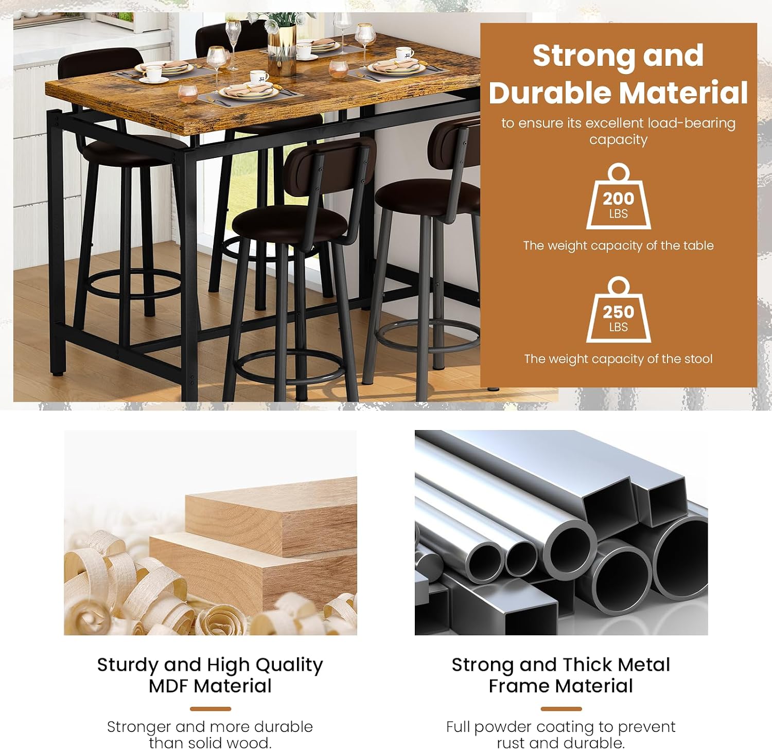 Recaceik Bar Table Set for 4 Bar Table and Chairs Set, Industrial Dinner Table with 4 PU Leather Upholstered Backrest Stool, Counter Height Pub Dining Room Table Set for Apartment Small Spaces