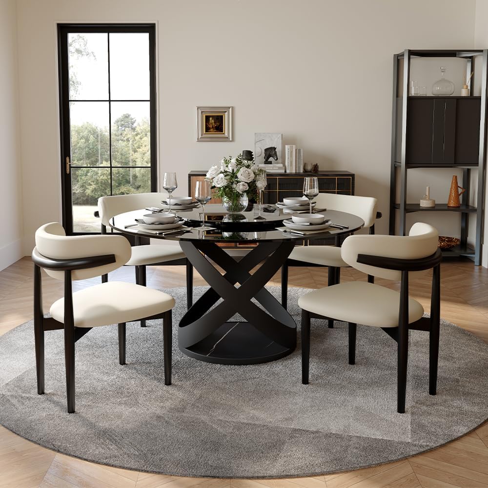 POVISON 51' Modern Round Dining Table with Lazy Susan, Glass Round Kitchen Table for 4, Tempered Glass Dining Room Table top with Black X Carbon Steel Base (Dining Table Only)