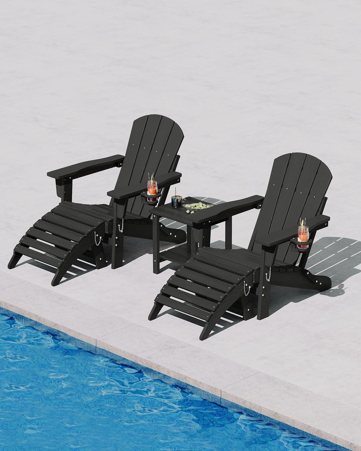 Folding Adirondack Chair Set of 2 with Ottoman, All-Weather HDPE Outdoor Chair, Wooden Textured with Cup Holder for patios, Decks, Gardens, fire pits, Black
