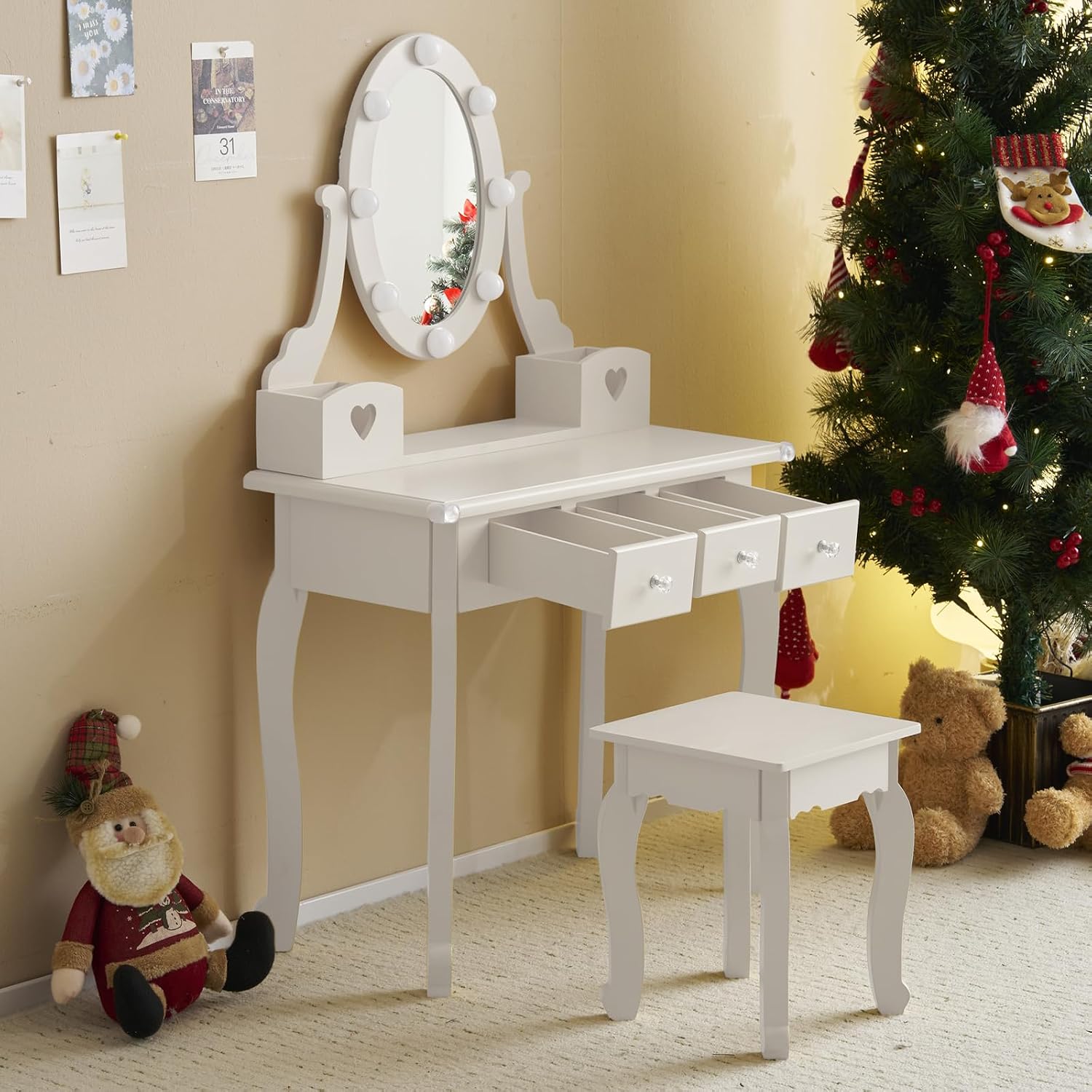 Karl home Kids Vanity Table and Chair Set, Princess MDF Dressing Table with 3-Color LED Lighted Mirror and 3 Drawers, Lovely Waved Design for Toddler's Bedroom and Playroom Decor, Macaroon White