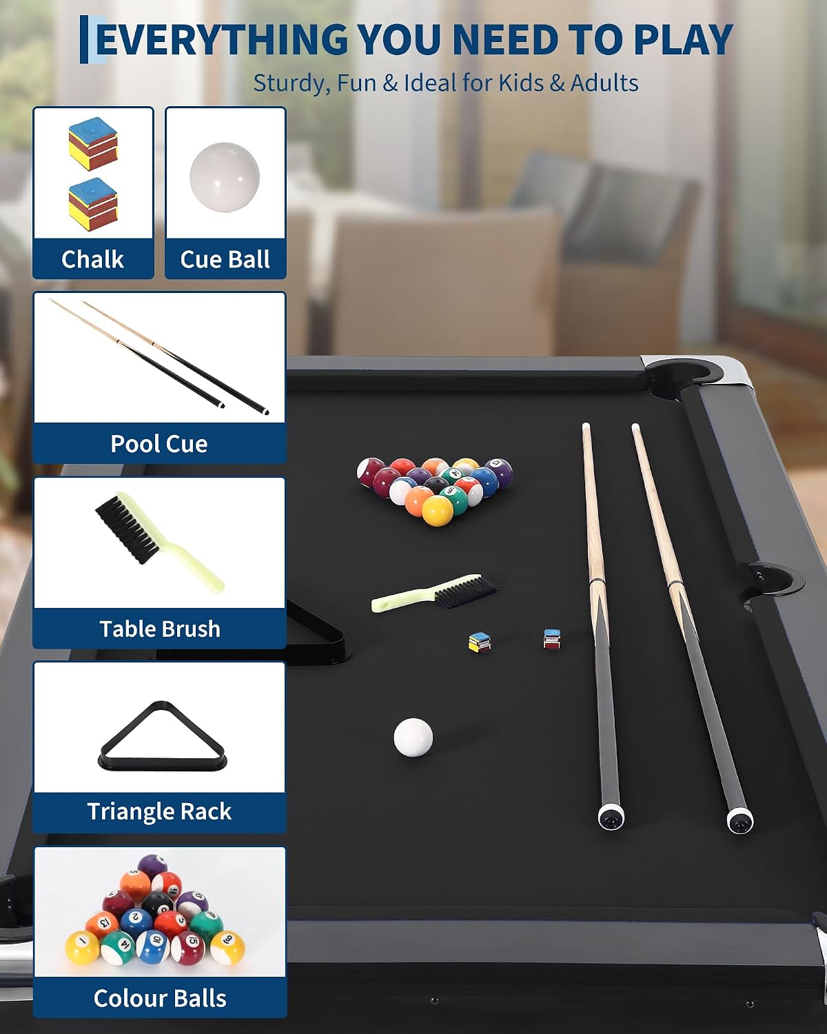 Garvee 6/7 Foot Pool Table, Folding Pool Table Includes Full Set of Billiard Balls, Portable Billiards Tables with 2 Cue Sticks, Chalk & Felt Brush for Family Game Room