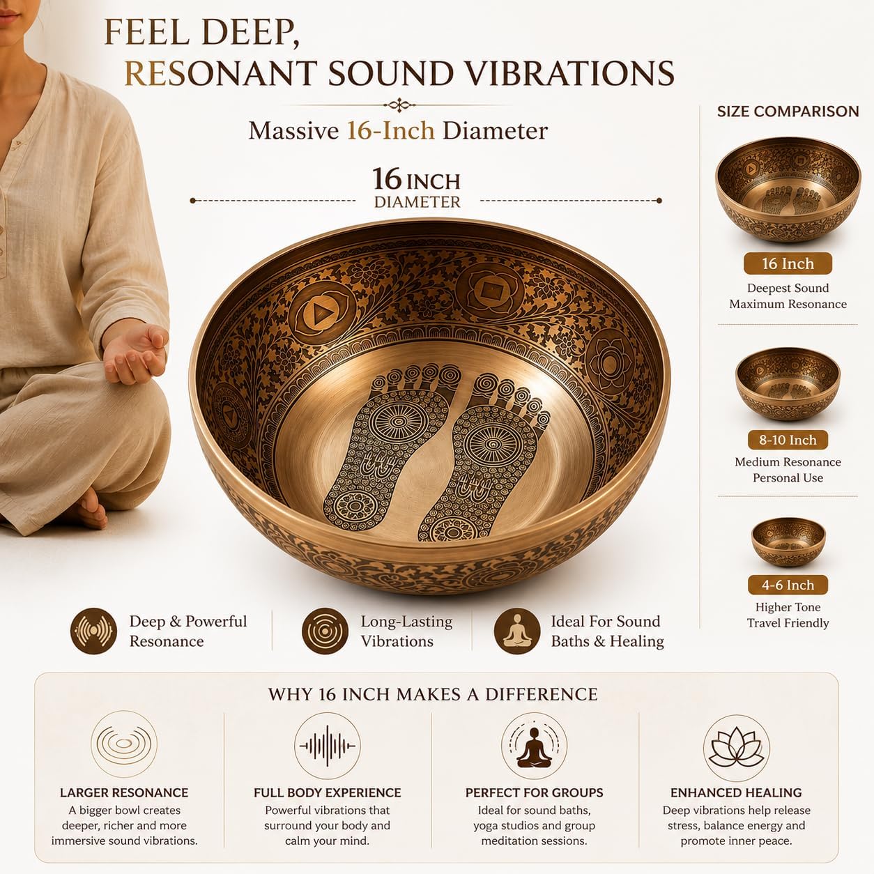 16 Inch Buddha Foot Singing Bowl Handmade in Nepal | Etched Meditation Sound Bowl for Healing Sound Bath Yoga Relaxation Mindfulness & Spiritual Wellness