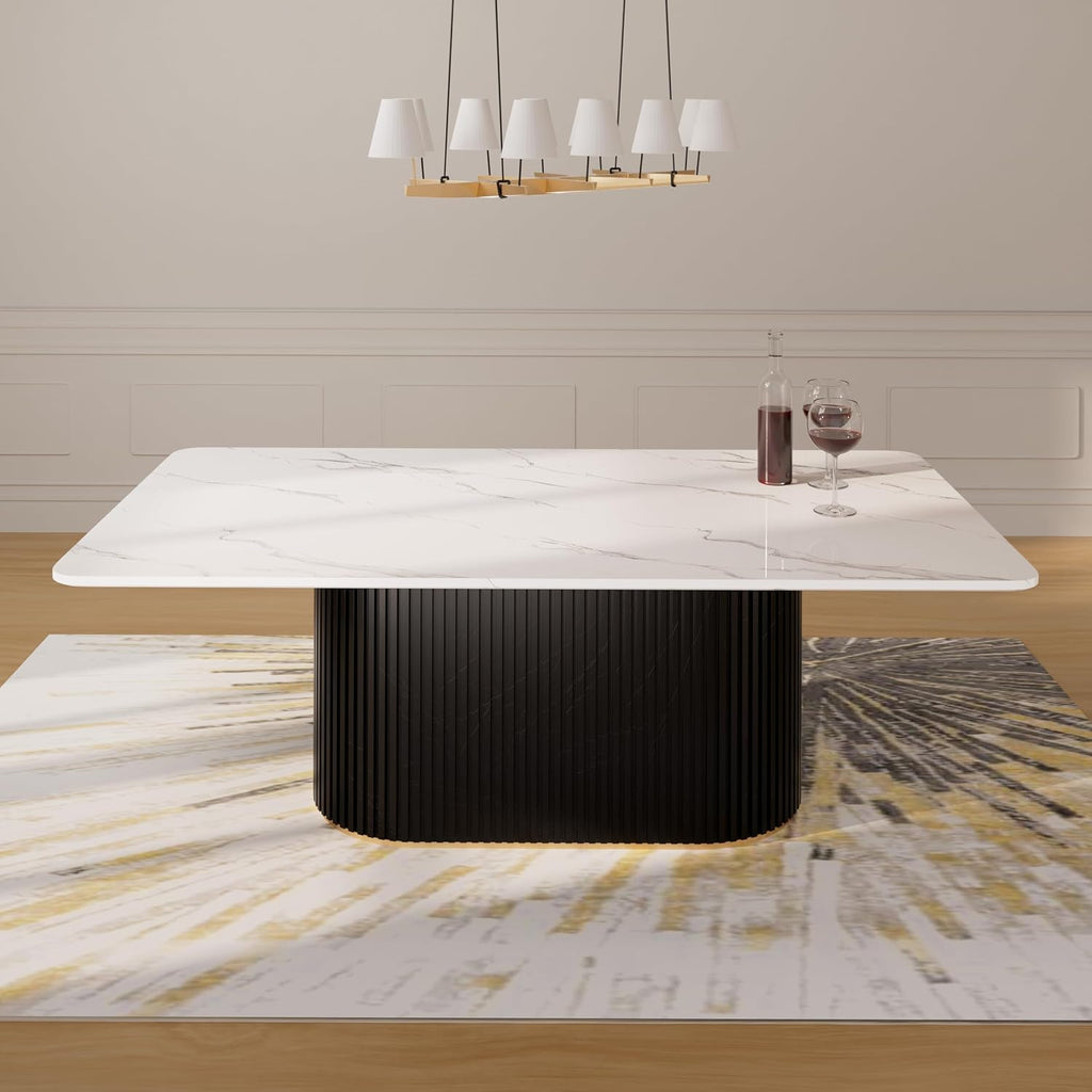 Morden Fort Marble Dining Table Set for 6, 70' Kitchen Table with White Rectangle Top and Black Fluted Base, 6 Modern Upholstered Chairs for Dining Room, Restaurant and Reception