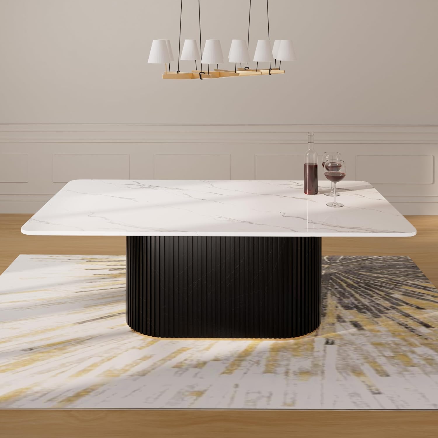 Morden Fort Marble Dining Table Set for 6, 70' Kitchen Table with White Rectangle Top and Black Fluted Base, 6 Modern Upholstered Chairs for Dining Room, Restaurant and Reception