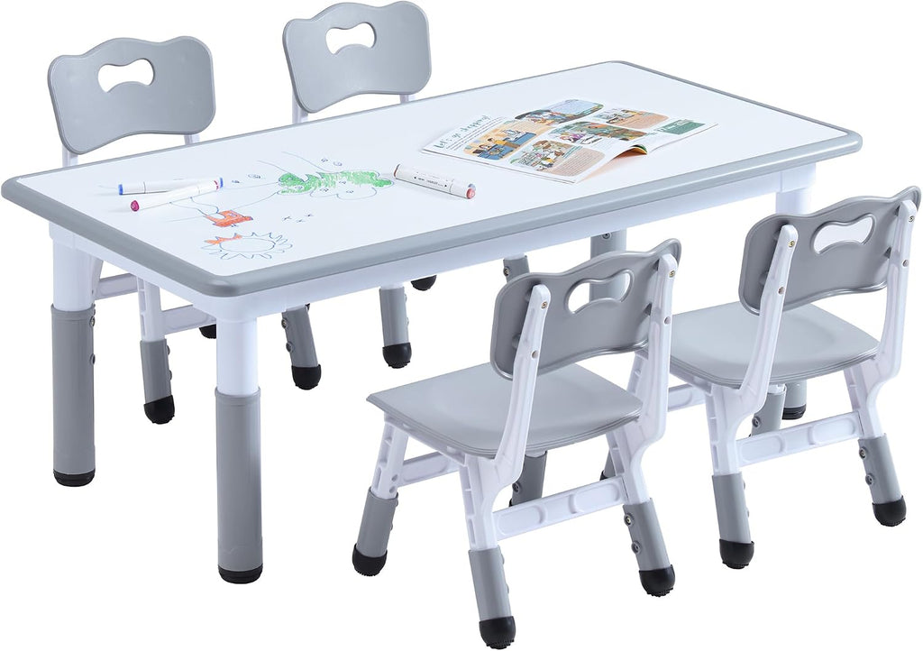 Kids Table and 4 Chairs Set, Height Adjustable Toddler Table and Chair Set, Toddler Desk with Graffiti Desktop & Non-Slip Legs, Children Activity Table for Daycare, Classroom (Grey)
