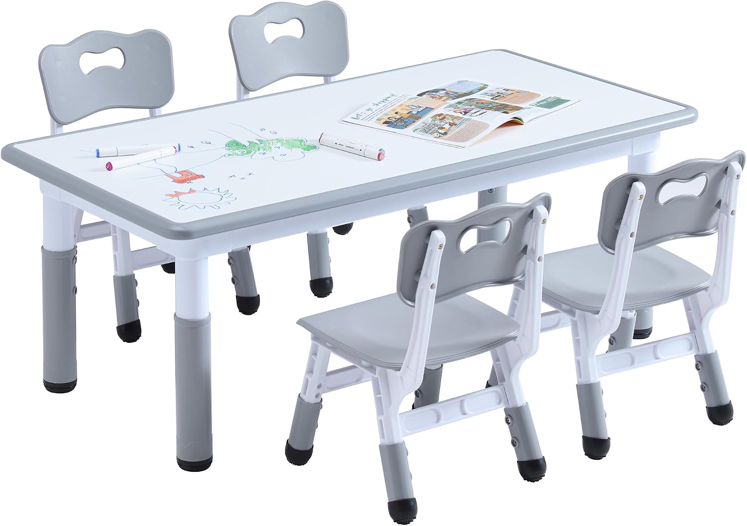 Kids Table and 4 Chairs Set, Height Adjustable Toddler Table and Chair Set, Toddler Desk with Graffiti Desktop & Non-Slip Legs, Children Activity Table for Daycare, Classroom (Grey)
