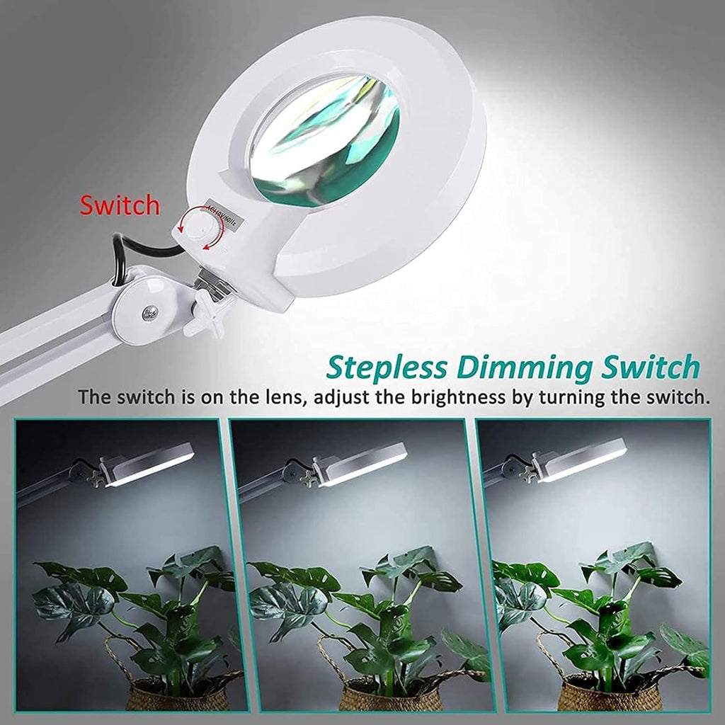 Magnifying Glass,5X LED Beauty Magnifying Floor Lamp with 5 Wheels Rolling Base, Dimmable, Adjustable Arm Lighted Magnifier for Reading, Crafts & Pro Tasks