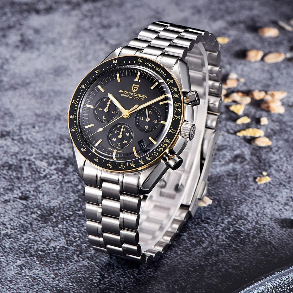 Pagani Design 1701 Men's Watch, Chronograph, VK63 Japanese Quartz Movement, Stainless Steel Bracelet, Water Resistant to 330 Feet (100 Meters), Sapphire Glass Wristwatch.