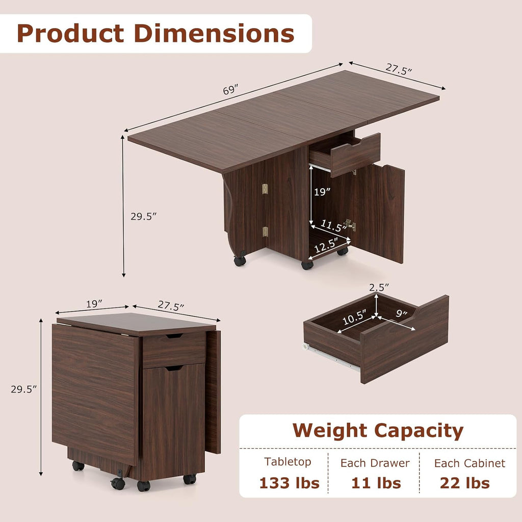 Giantex 3-in-1 Folding Dining Table for 4-6, 69-Inches Drop Leaf Kitchen Table with 2 Drawers and 2 Cabinets, Lockable Wheels, Foldable Dinner Tables for Small Spaces, Dinette (Walnut)