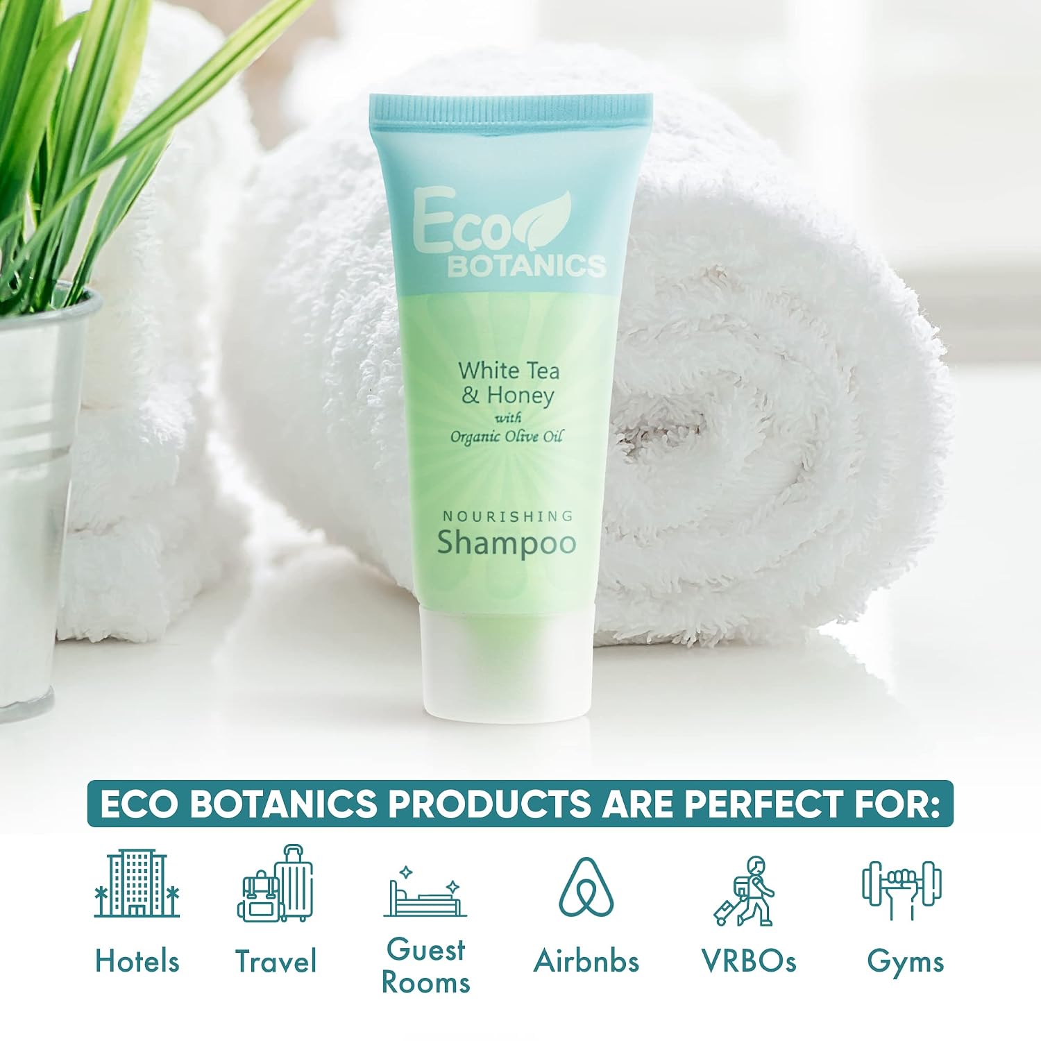 Eco Botanics Travel Size Hotel Shampoo 300 Count 0.85 oz Bottles Guest Amenities for Vacation Rentals and Short Term Rentals Paraben Free White Tea Scent Infused with Aloe Honey and Olive Oil
