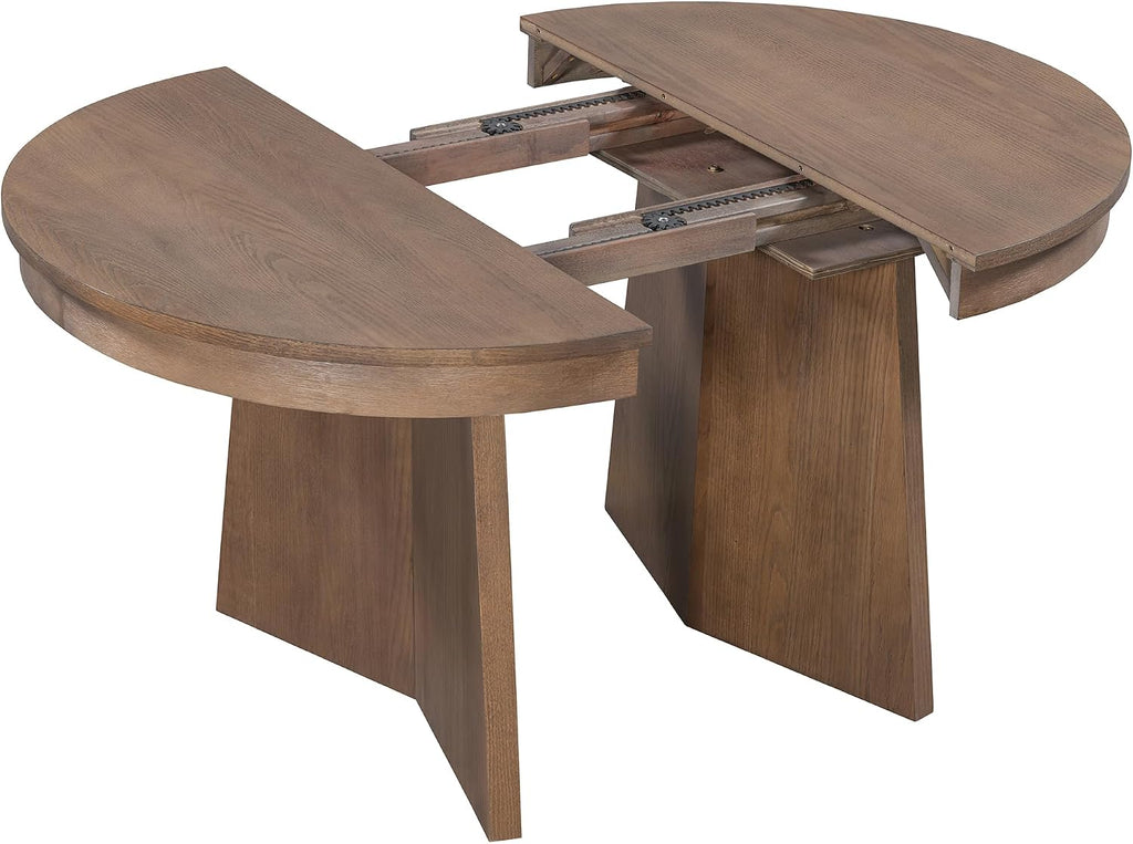 Merax Extendable Round Dining Table Set for 4, Wooden Construction with Upholstered Chairs with Rattan Backrests, Retro Style for Kitchen, Indoor Use, Walnut
