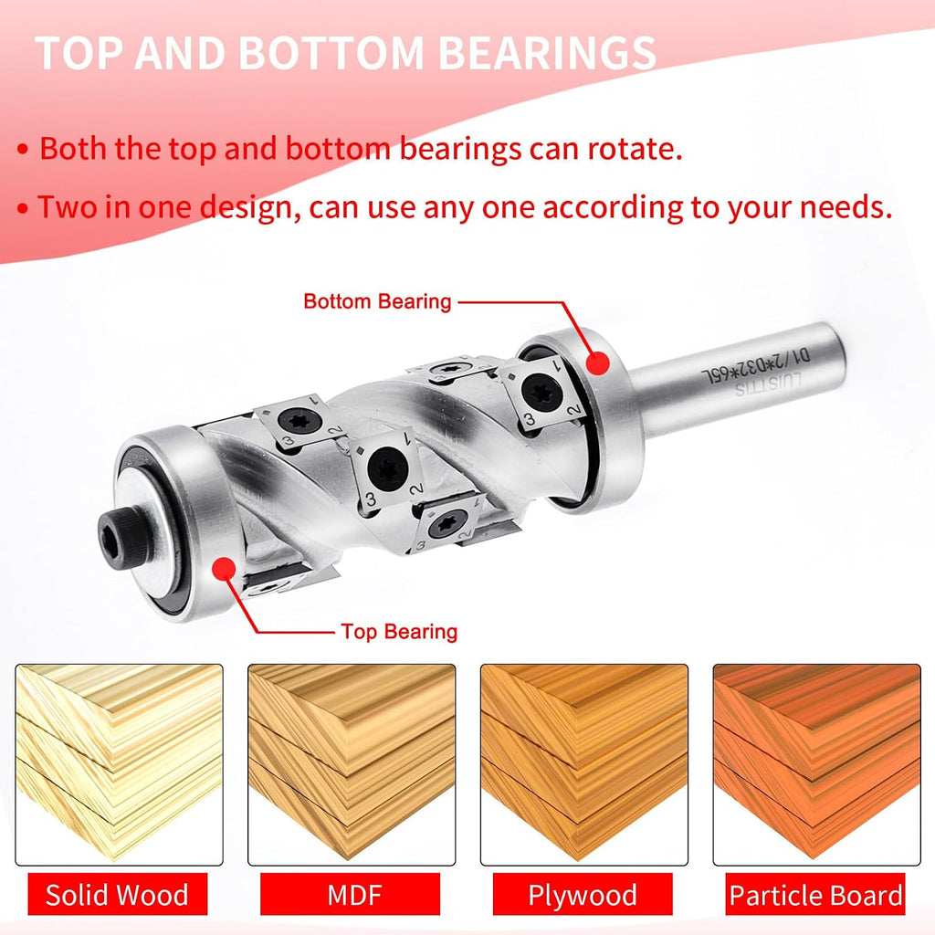 Heavy Duty Carbide Insert Flush Trim Router Bit Top and Bottom Double Bearings Trimmer with Coating Pattern Template Router Bits 1/2 Inch Shank 32MM Cutting Diameter for Woodwork Trimming