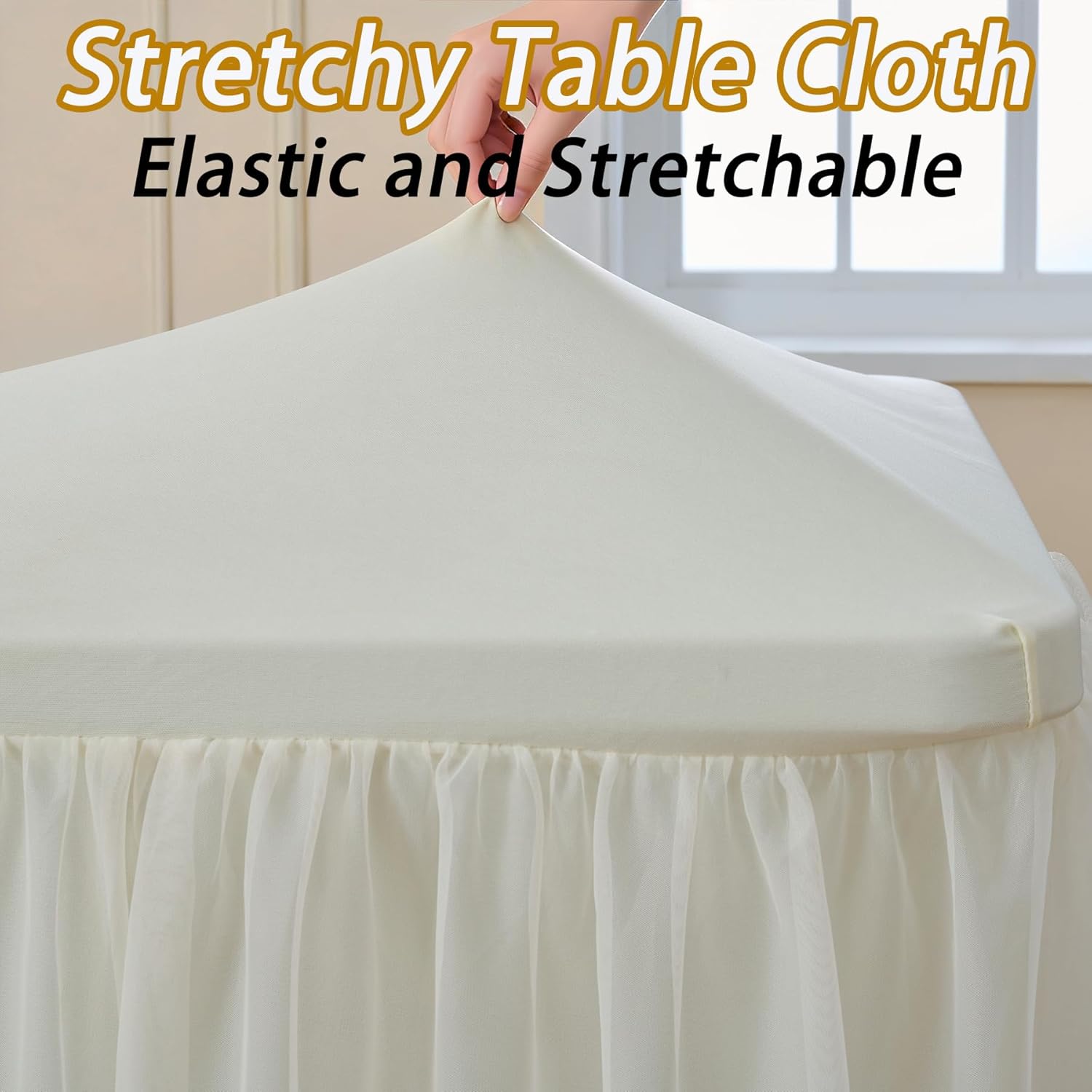 leegleri 4 pk 8ft Ivory Tulle Tablecloth for Rectangle Tables, 2-in-1 Cream Table Covers with Tulle Skirt,Wrinkle Free Stretchy Ruffle Tulle Table Cloths Fitted for Wedding Party Banquet Vendor