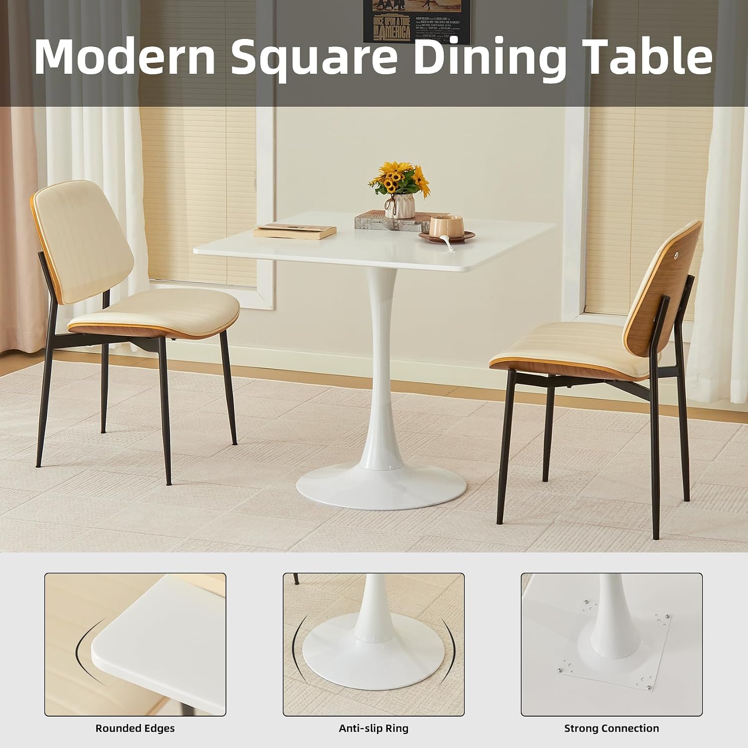 Square Dining Table, 31.5' Tulip Table with Thickened Tabletop & Metal Pedestal, Mid Century Modern Bistro Table for Kitchen, Small Places, Living Room, Cafe (White)