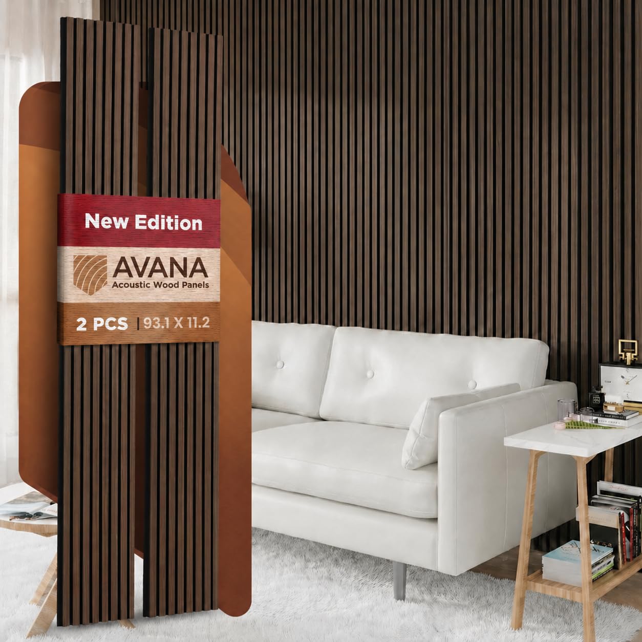 Avana Acoustic Wood Wall Panels –93.2x11.25 Inch Panels – Fits 94x12 Layout – Dark Walnut Acoustic Panels 2 PCs – Wall Panels For Interior Wall Decor for Homes, Offices – Pleasing Wood Panels For Wall