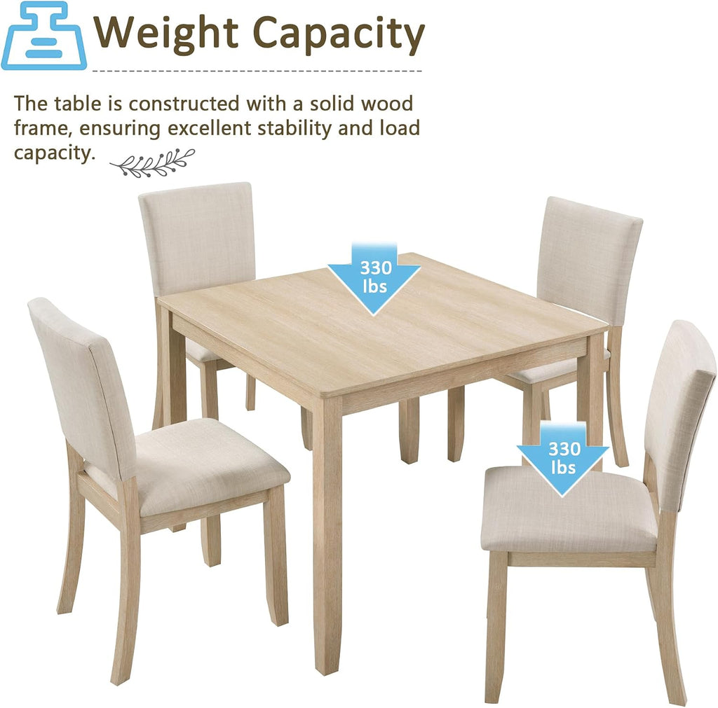 LUMISOL 5-Piece Dining Table Set, Farmhouse Wood Kitchen Table Set with 4 Upholstered Chairs for Kitchen, Dining Room, Living Room, Light Oak+Beige