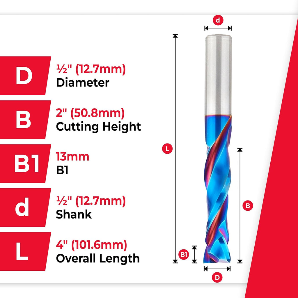 Amana Tool Spektra Extreme Tool Life Coated Solid Carbide CNC Compression Spiral Router Bit, 46199-K, 1/2 D x 2 CH x 1/2 Shank x 4 Inch Long