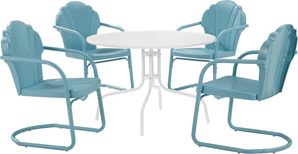 Crosley Furniture Tulip 5-Piece Outdoor Dining Set for 4, Retro Metal Round Patio Table and Chairs for Deck, Pastel Blue Satin