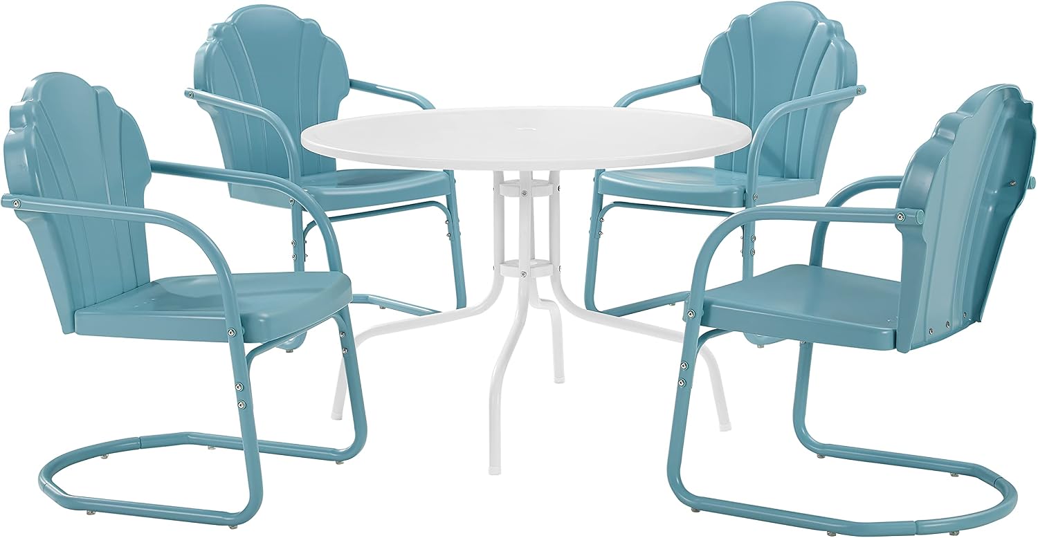 Crosley Furniture Tulip 5-Piece Outdoor Dining Set for 4, Retro Metal Round Patio Table and Chairs for Deck, Pastel Blue Satin