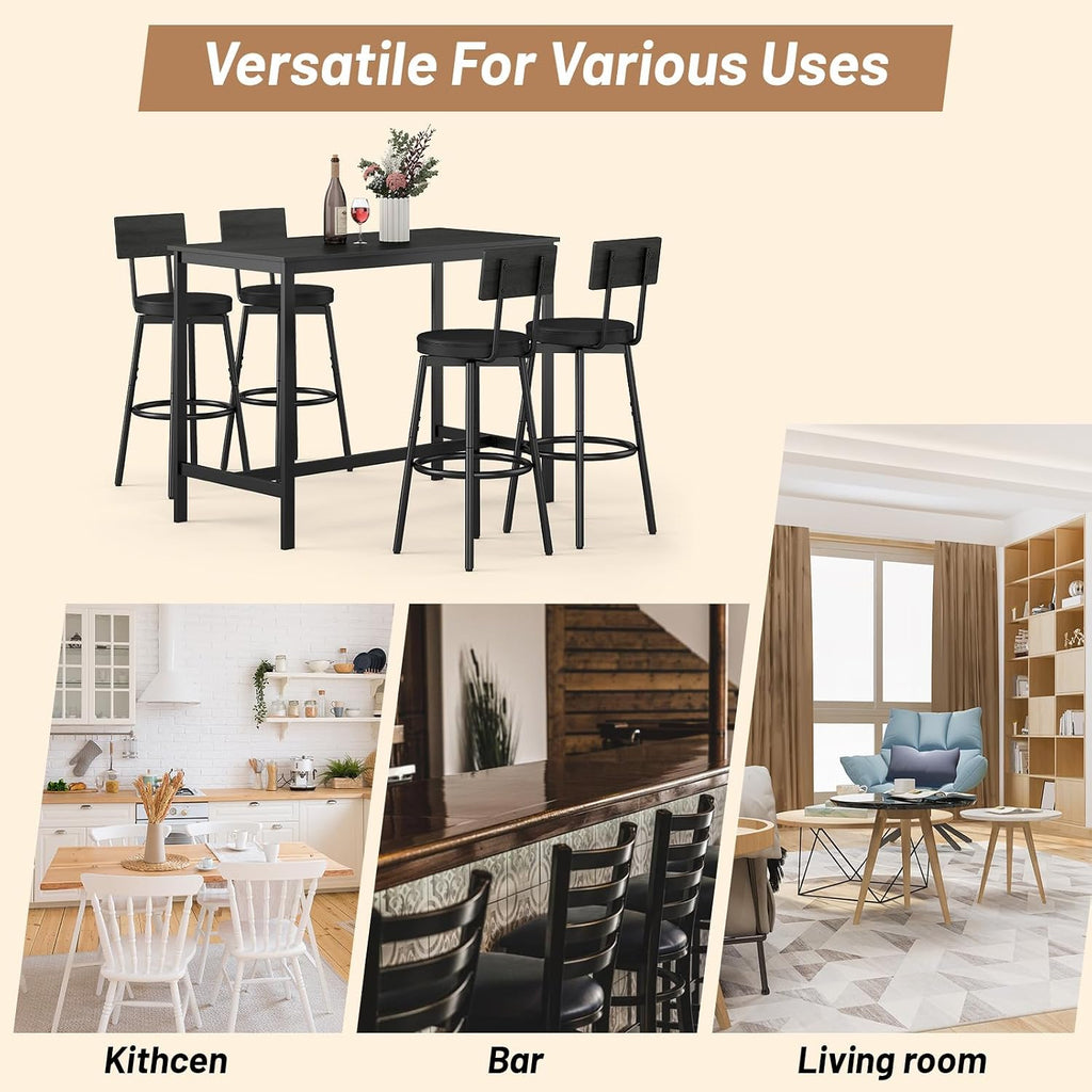 Zevemomo 5-Piece Dining Table Set, Bar Table Set for 4, Kitchen Table and Chairs, Counter Height High Top Table with 4 PU Upholstered Stools, Space-Saving Pub Table Sets for Small Space, Black
