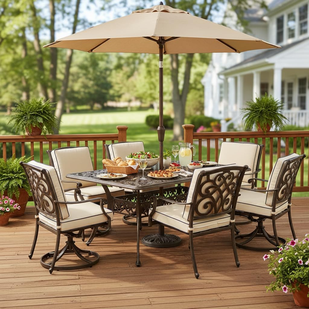 Tangkula 59 Inches Outdoor Dining Table, All-Weather Cast Aluminum Table with Umbrella Hole, 6-8 Person Rectangular Dining Table for Garden, Backyard and Poolside (Bronze)