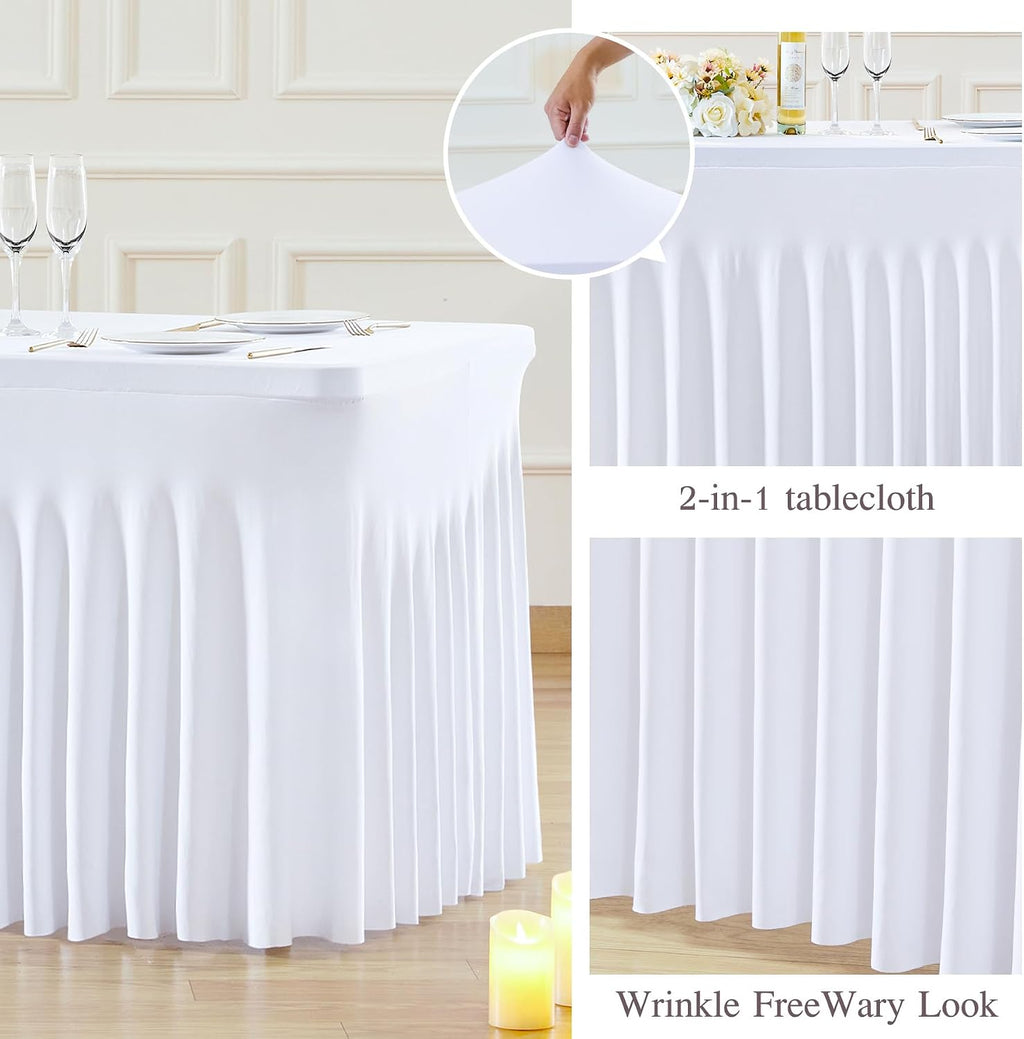 White Table Cloth for 6 Foot Rectangle Tables Fitted Stretch Spandex Table Cover with Skirt 6ft Baby Shower Birthday Party Banquet Ruffle Tablecloth Wedding Table Cloths Desk Skirt, 6 Pack